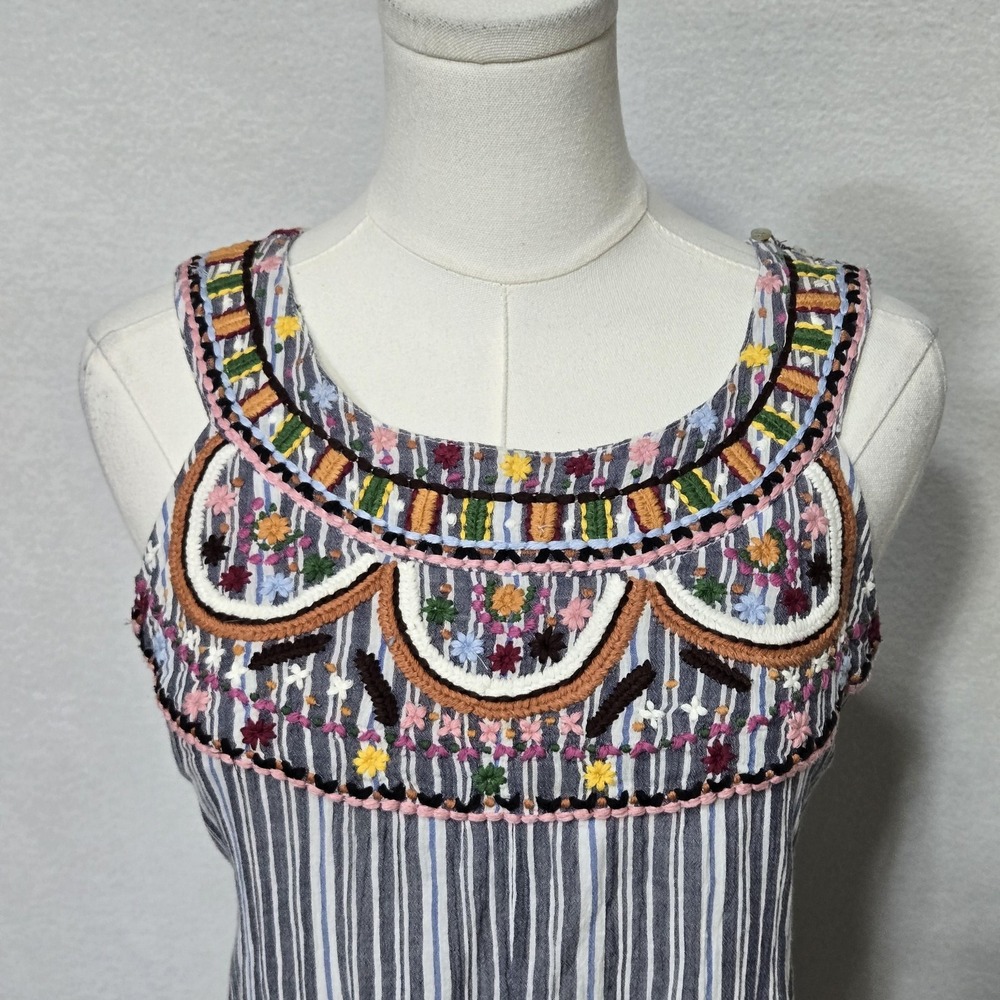 Kyla Seo Dress Womens Small Multicolor Embroidered Boho Stripe Cotton Swing - Picture 3 of 14